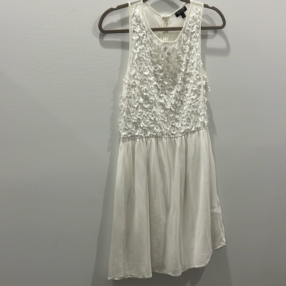 Top shop white mini dress sheer back floral detail bride bridal shower size 6